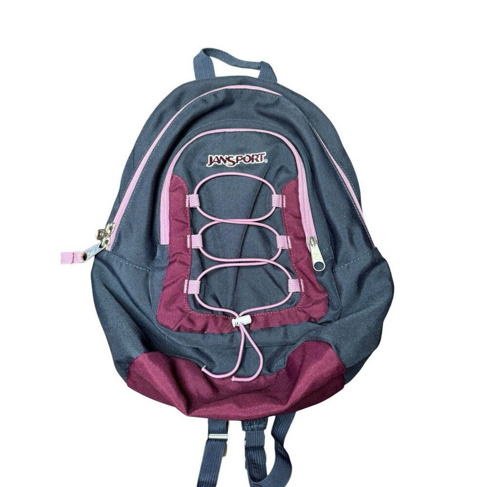 Vintage JanSport Small Mini Backpack Navy Maroon Bungee Hiking School Travel